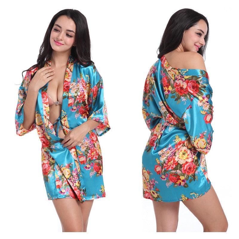 Women Floral Kimono Robe Satin Bridal Dressing Gown Bride Bridesmaid Robes Sleepwear - ItemBear.com