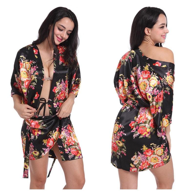 Women Floral Kimono Robe Satin Bridal Dressing Gown Bride Bridesmaid Robes Sleepwear - ItemBear.com