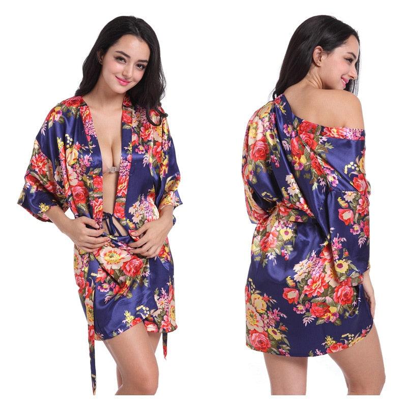 Women Floral Kimono Robe Satin Bridal Dressing Gown Bride Bridesmaid Robes Sleepwear - ItemBear.com