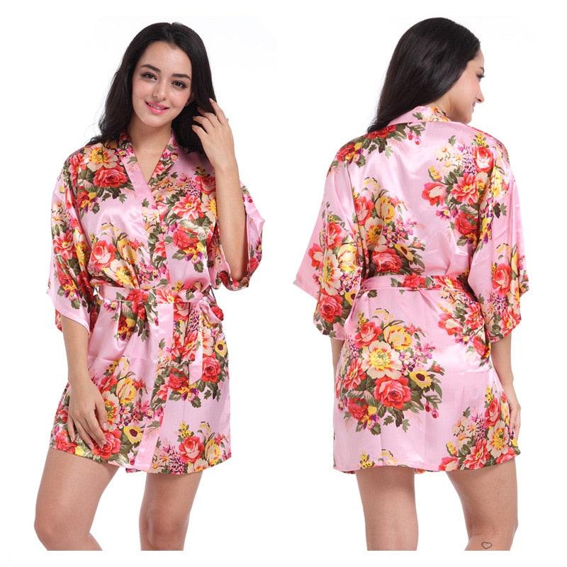 Women Floral Kimono Robe Satin Bridal Dressing Gown Bride Bridesmaid Robes Sleepwear - ItemBear.com