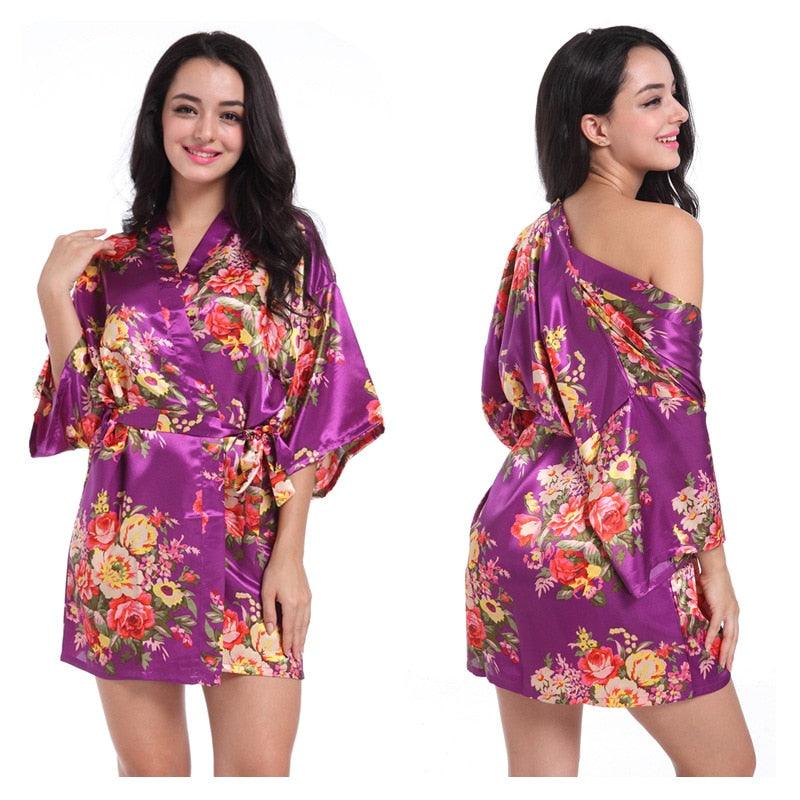 Women Floral Kimono Robe Satin Bridal Dressing Gown Bride Bridesmaid Robes Sleepwear - ItemBear.com