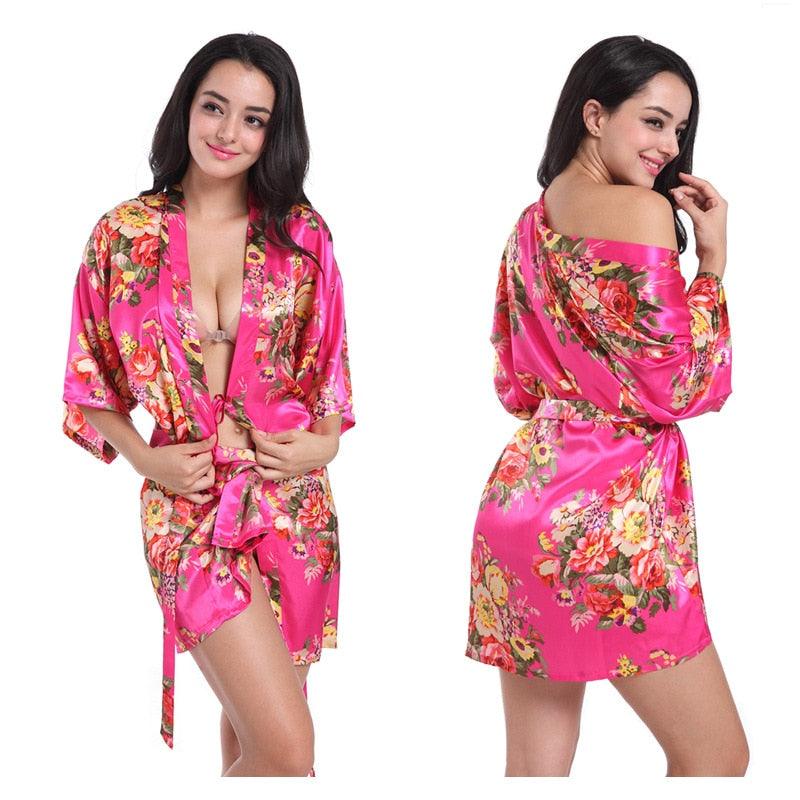 Women Floral Kimono Robe Satin Bridal Dressing Gown Bride Bridesmaid Robes Sleepwear - ItemBear.com