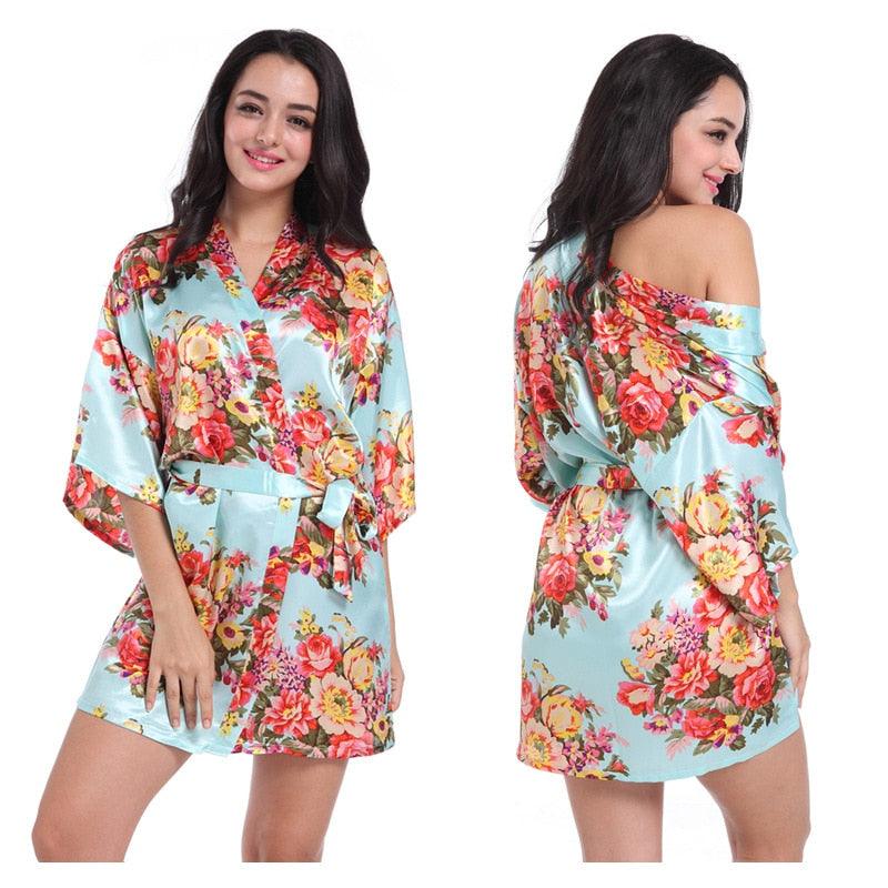Women Floral Kimono Robe Satin Bridal Dressing Gown Bride Bridesmaid Robes Sleepwear - ItemBear.com