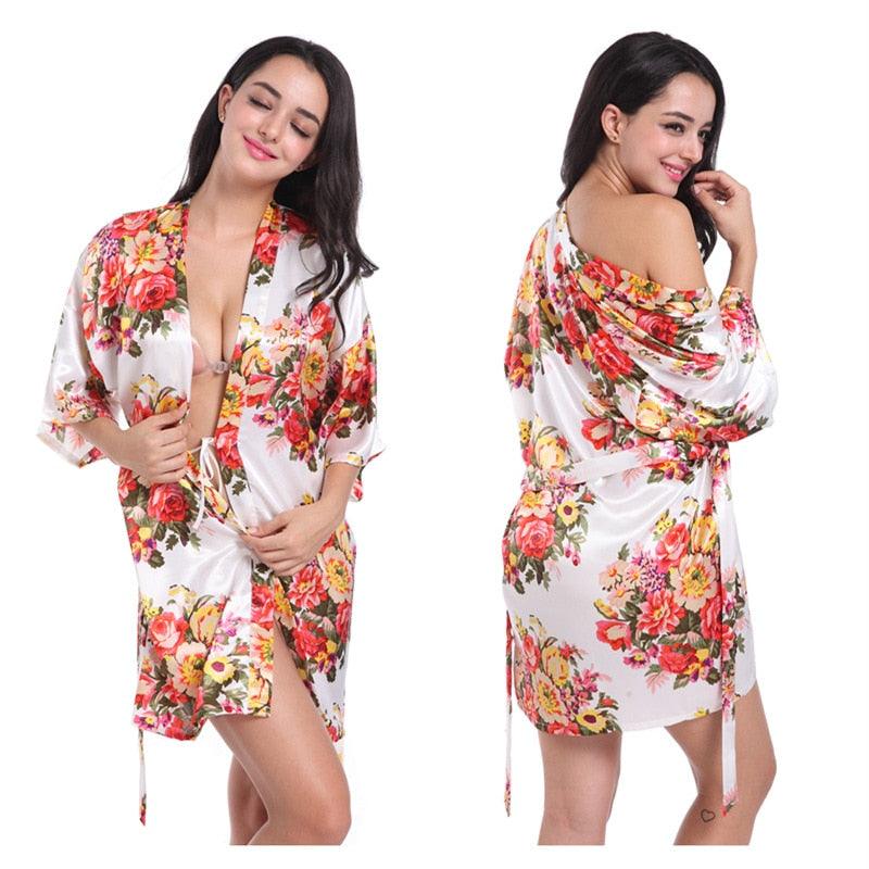 Women Floral Kimono Robe Satin Bridal Dressing Gown Bride Bridesmaid Robes Sleepwear - ItemBear.com