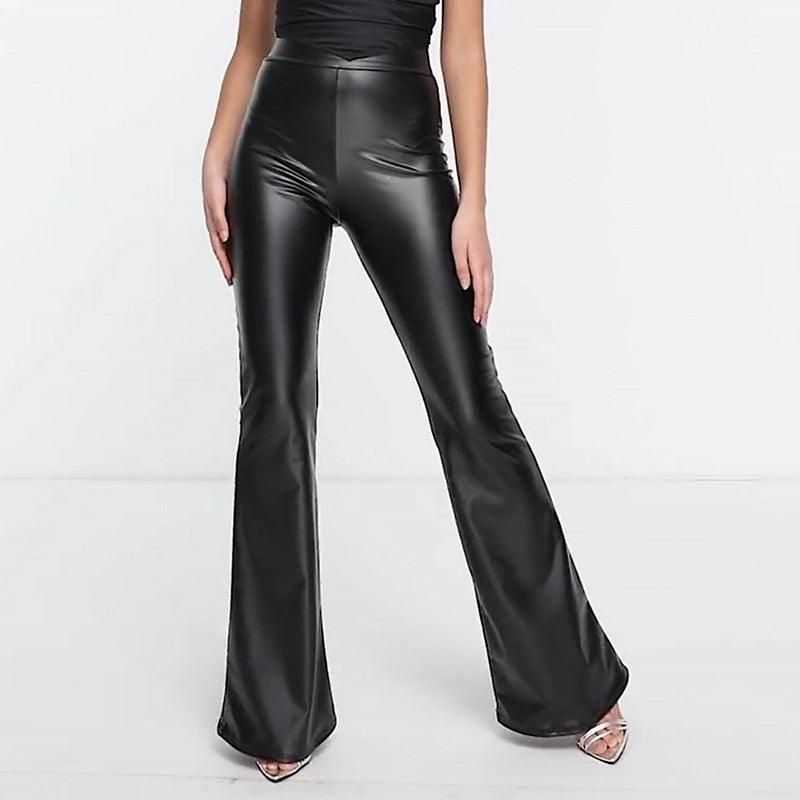 Women Slim Black Matte Leather Flare Pants High Waist Casual PU Faux Leather Wide Leg Boot Cut Trousers Bodycon Clothing Custom - ItemBear.com