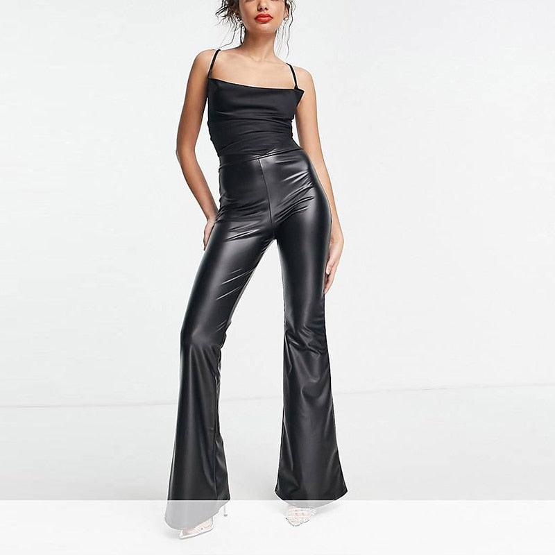 Women Slim Black Matte Leather Flare Pants High Waist Casual PU Faux Leather Wide Leg Boot Cut Trousers Bodycon Clothing Custom - ItemBear.com