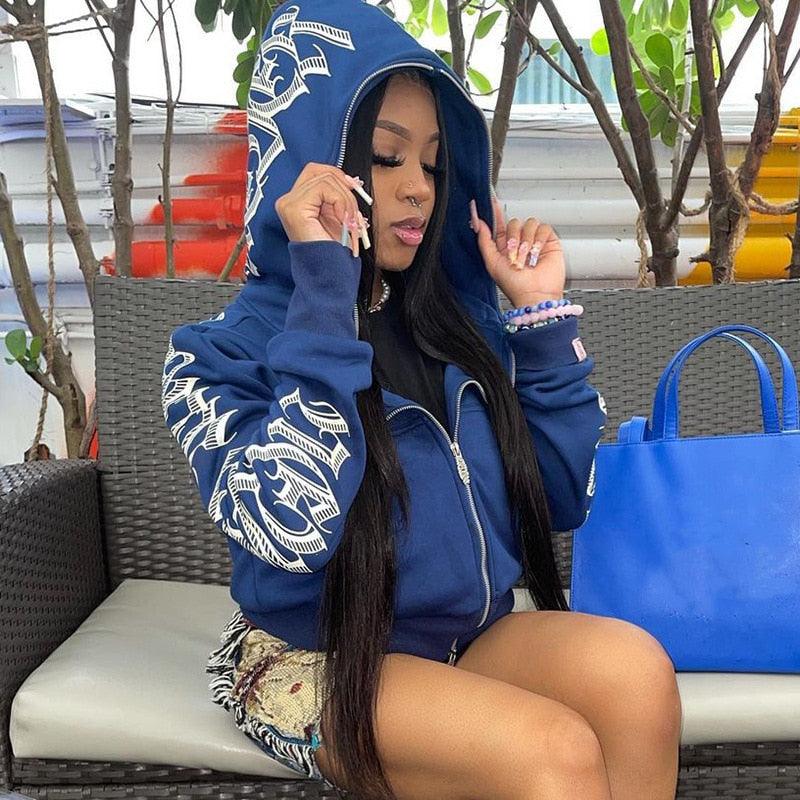 Women Zip Up Hoodie Streetwear Letter Printed Long Sleeve Sweatshirts Gothic Punk Y2k Autumn Winter Female Hoodie Jackets - ItemBear.com