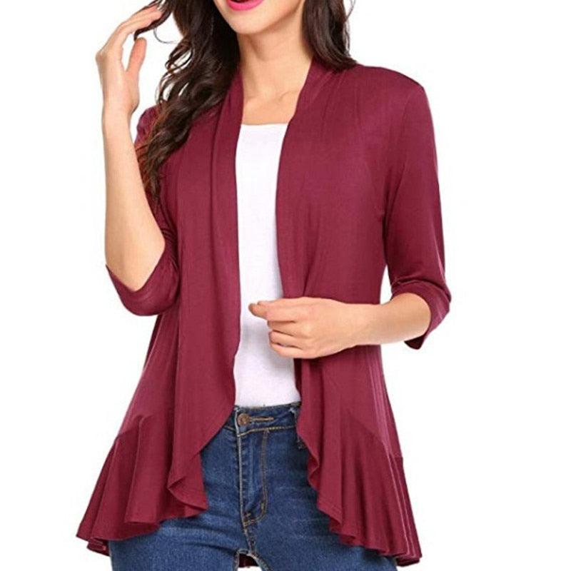 Women's Cardigan Spring Summer Autumn Clothing Solid Color Slim Top Ruffle Hem Three Quarter Sleeve Thin Simple Coat - ItemBear.com