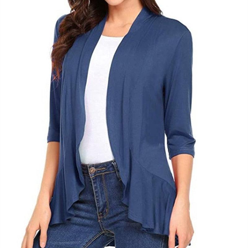 Women's Cardigan Spring Summer Autumn Clothing Solid Color Slim Top Ruffle Hem Three Quarter Sleeve Thin Simple Coat - ItemBear.com
