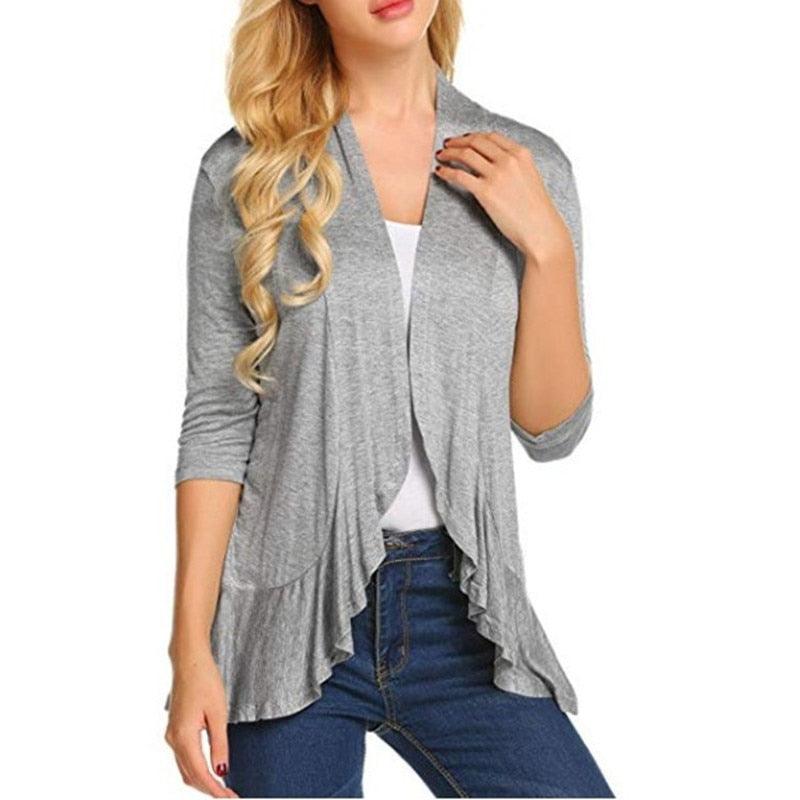 Women's Cardigan Spring Summer Autumn Clothing Solid Color Slim Top Ruffle Hem Three Quarter Sleeve Thin Simple Coat - ItemBear.com