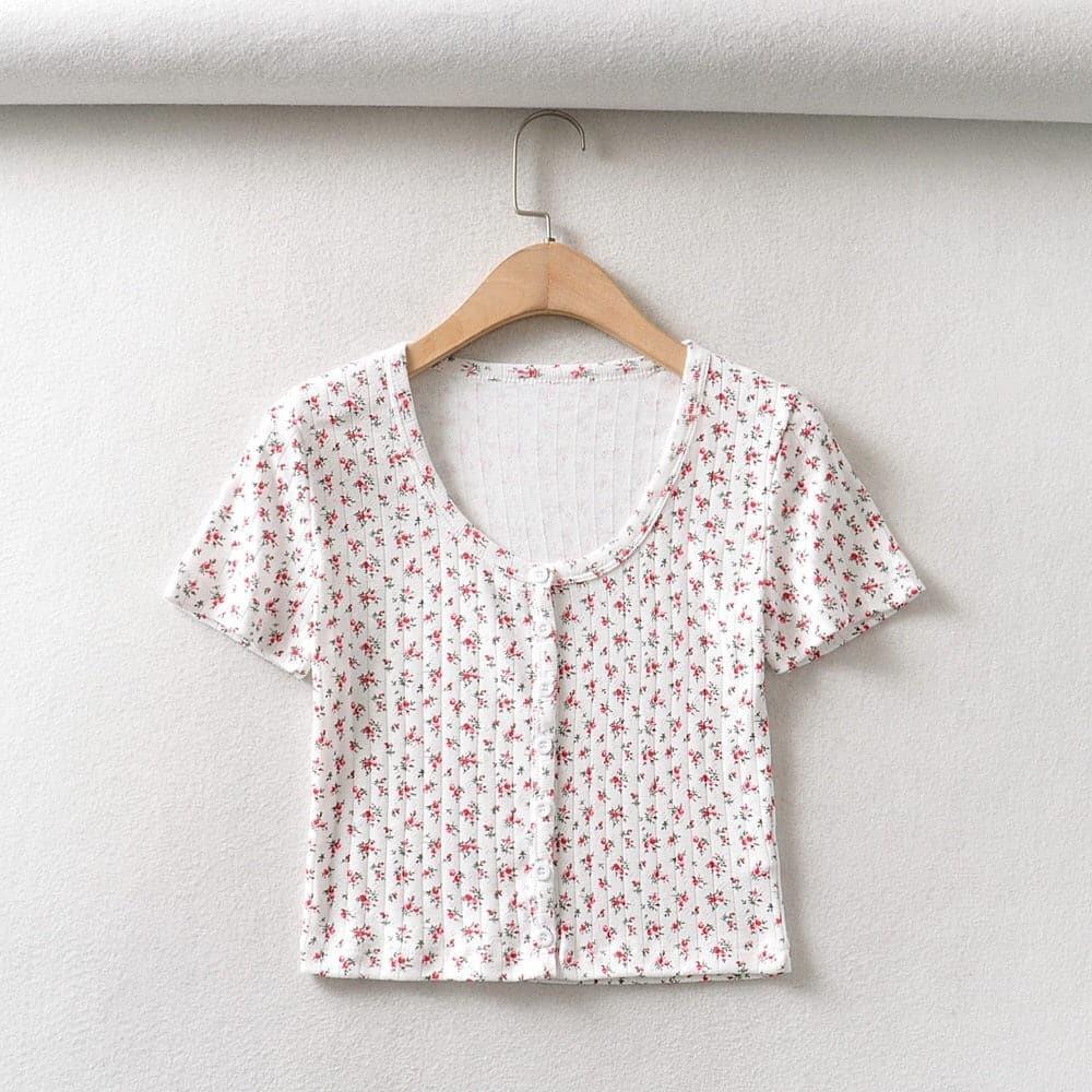 Y2K Basic Floral Button-Up Ribbed Top - ItemBear.com