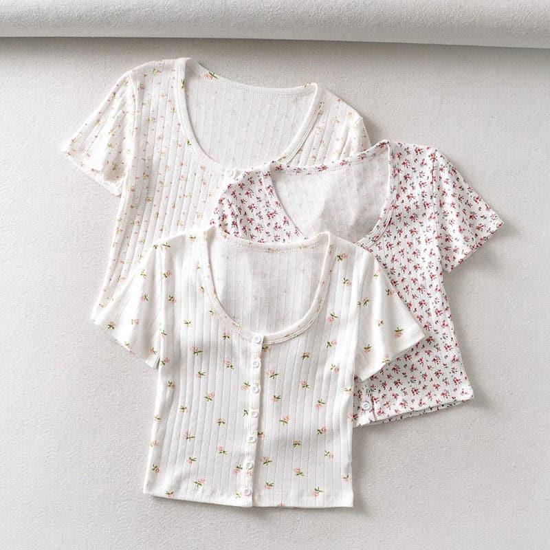 Y2K Basic Floral Button-Up Ribbed Top - ItemBear.com