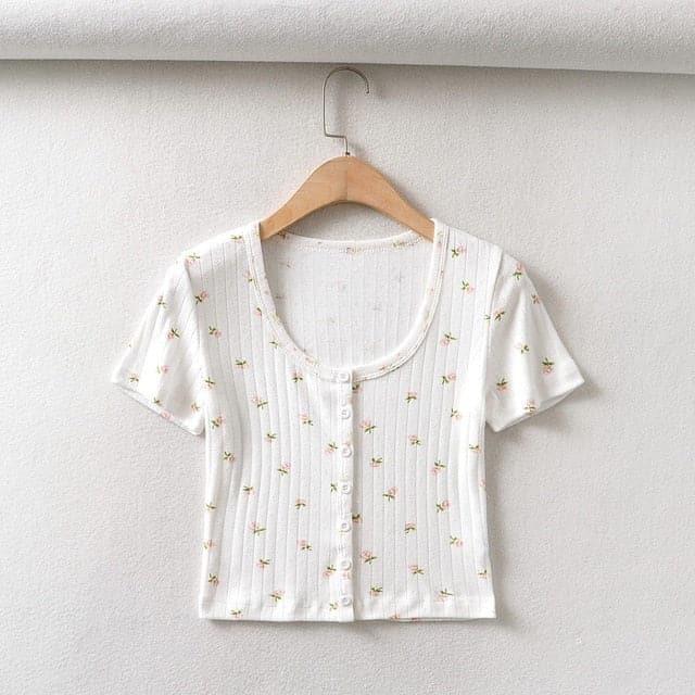 Y2K Basic Floral Button-Up Ribbed Top - ItemBear.com