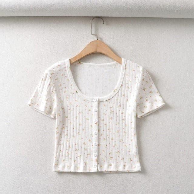 Y2K Basic Floral Button-Up Ribbed Top - ItemBear.com