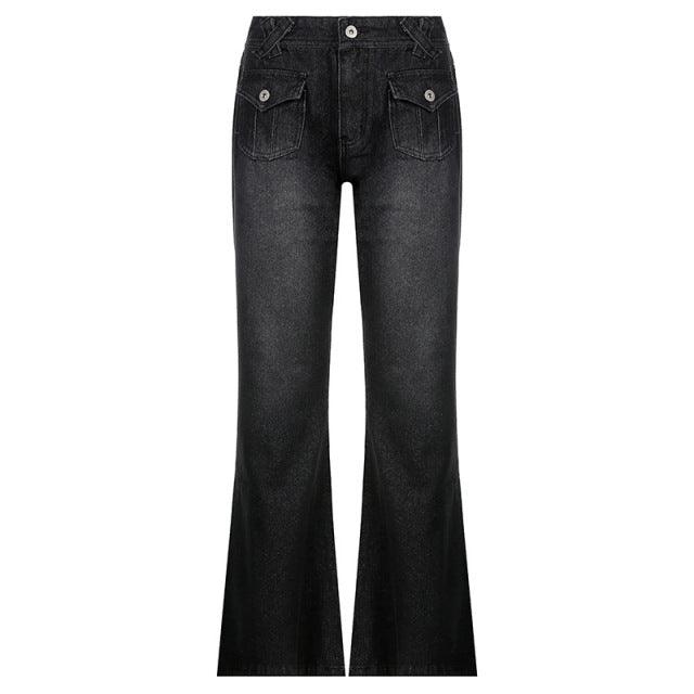 Y2K Dark Low Waisted Pocket Decor Jeans - ItemBear.com