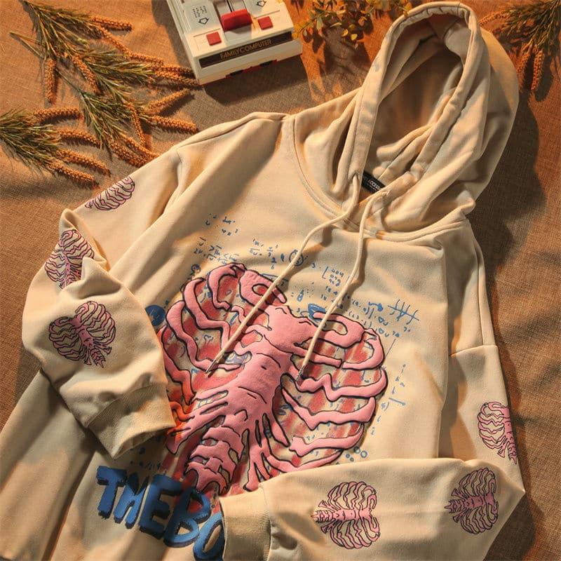 Y2K Goth Rib Decor Printed Hoodie - ItemBear.com