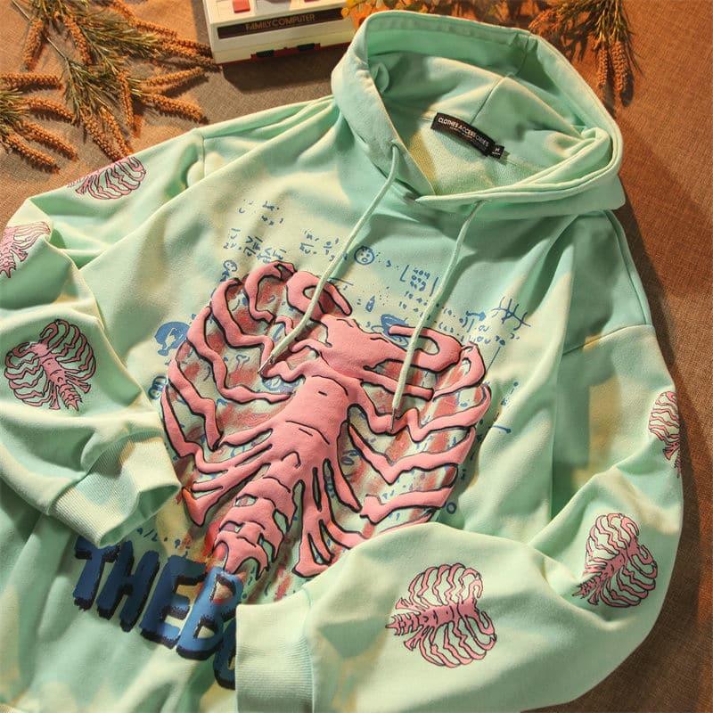 Y2K Goth Rib Decor Printed Hoodie - ItemBear.com