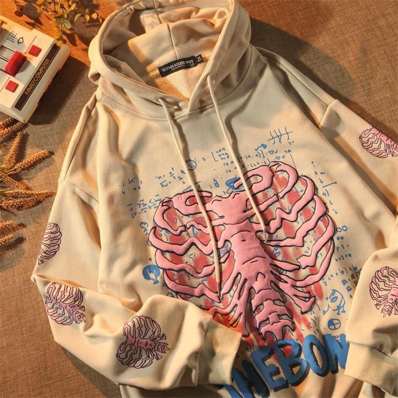 Y2K Goth Rib Decor Printed Hoodie - ItemBear.com