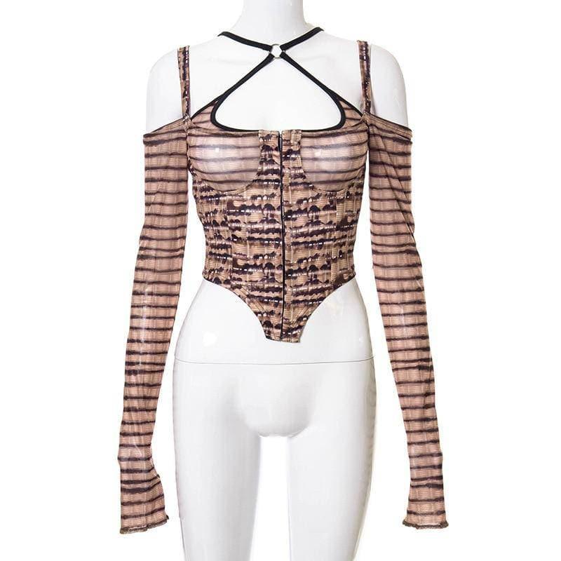 Y2K Streetwear Femme Brown Printed Top - ItemBear.com
