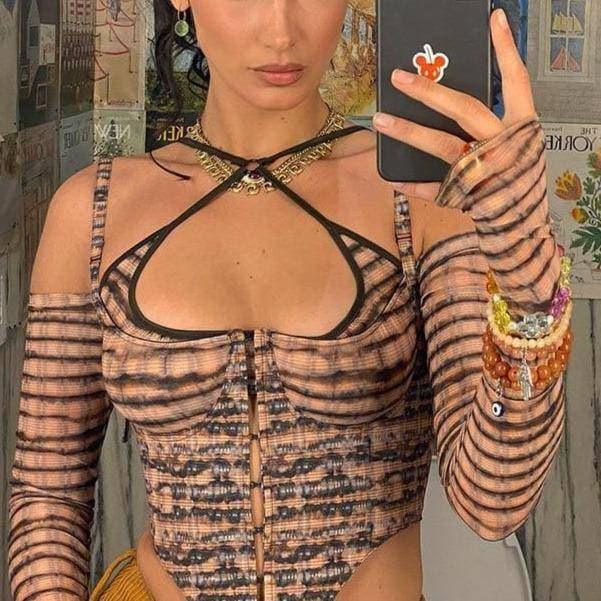 Y2K Streetwear Femme Brown Printed Top - ItemBear.com