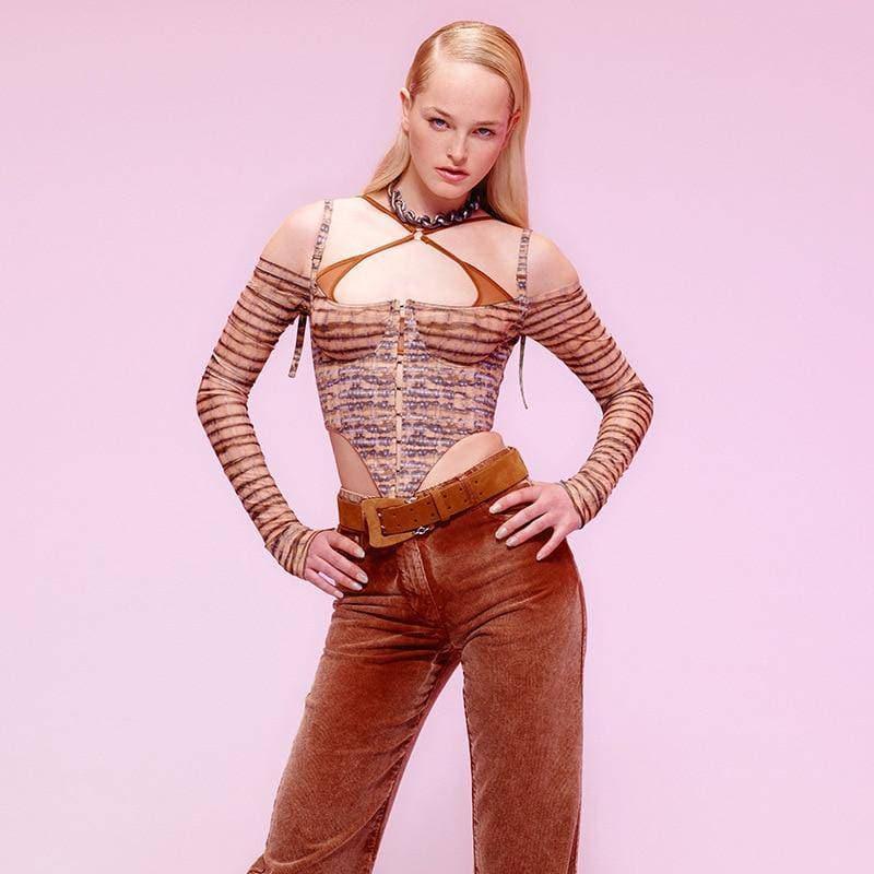 Y2K Streetwear Femme Brown Printed Top - ItemBear.com