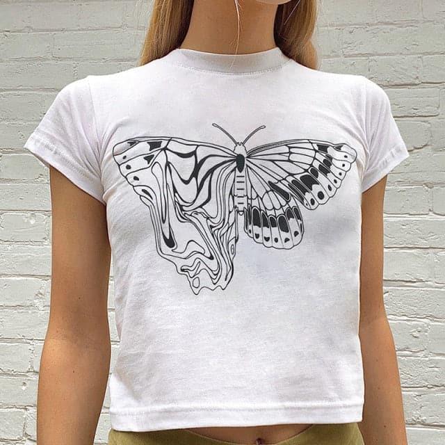 Y2K White Butterfly Graphic Printed Tee - ItemBear.com