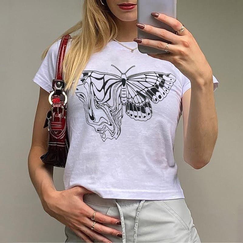Y2K White Butterfly Graphic Printed Tee - ItemBear.com