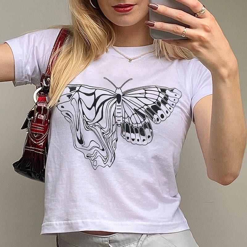 Y2K White Butterfly Graphic Printed Tee - ItemBear.com