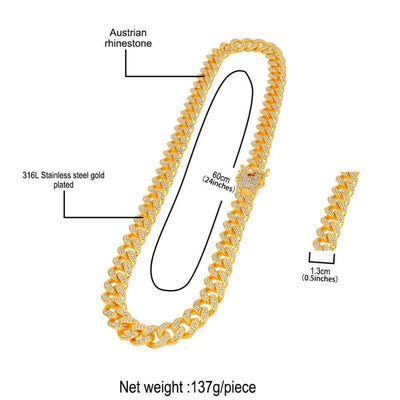 13mm Iced Out Cuban Necklace Chain Hip Hop Jewelry Choker Gold Silver Color Rhinestone CZ Clasp for Mens Rapper Necklaces Link - ItemBear.com