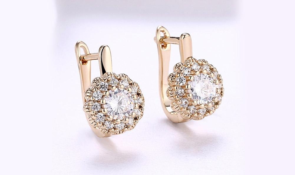 14K Gold Plating Large Floral White Pav'e Huggies ITALY Design - ItemBear.com