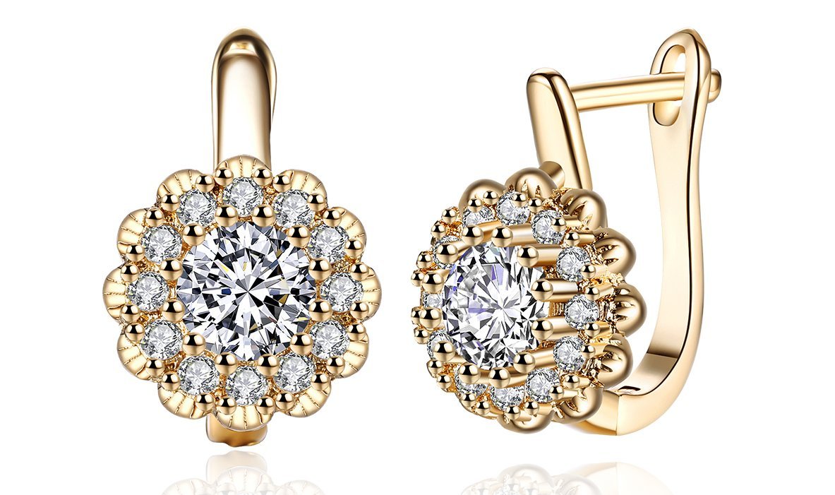 14K Gold Plating Large Floral White Pav'e Huggies ITALY Design - ItemBear.com