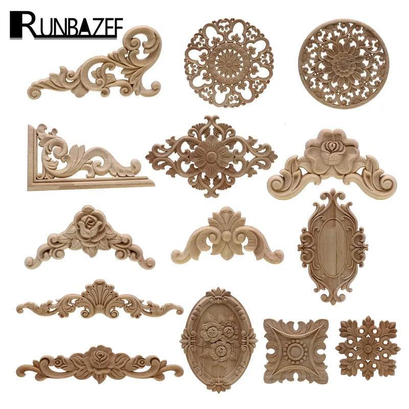 1Pc Unique Natural Floral Wood Carved Wooden Figurines Crafts Corner Appliques Frame Wall Door Furniture Woodcarving Decorative - ItemBear.com
