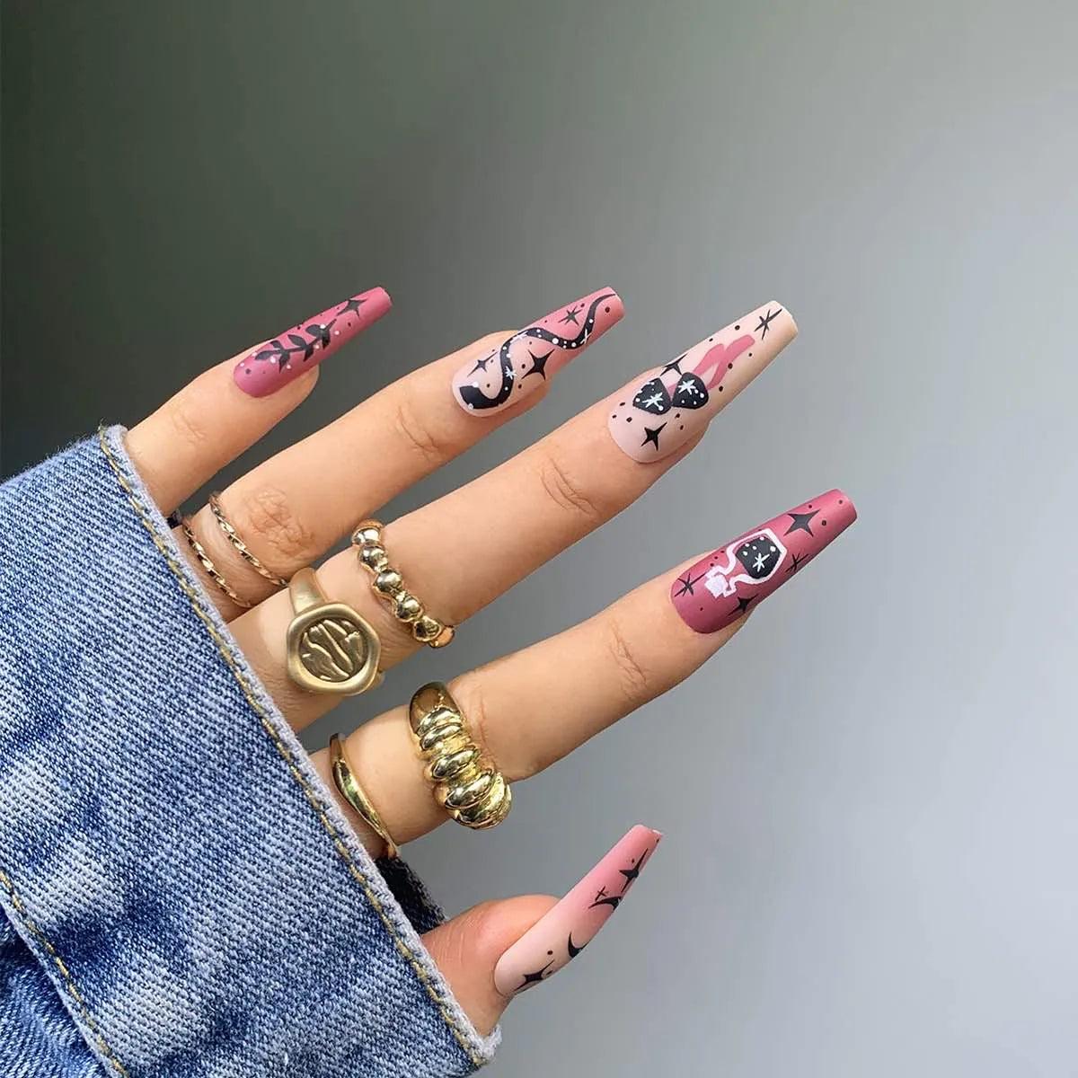24Pcs Middle Length Ballerina Nude Pink Color False Nails Design With Heart Pattern DIY Artificial Fake Nails With Press Glue - ItemBear.com