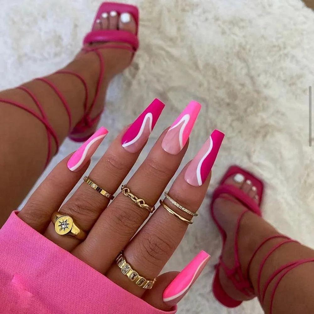 24Pcs Middle Length Ballerina Nude Pink Color False Nails Design With Heart Pattern DIY Artificial Fake Nails With Press Glue - ItemBear.com