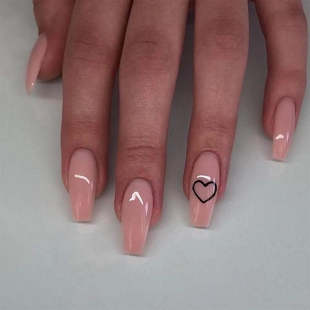 24Pcs Middle Length Ballerina Nude Pink Color False Nails Design With Heart Pattern DIY Artificial Fake Nails With Press Glue - ItemBear.com