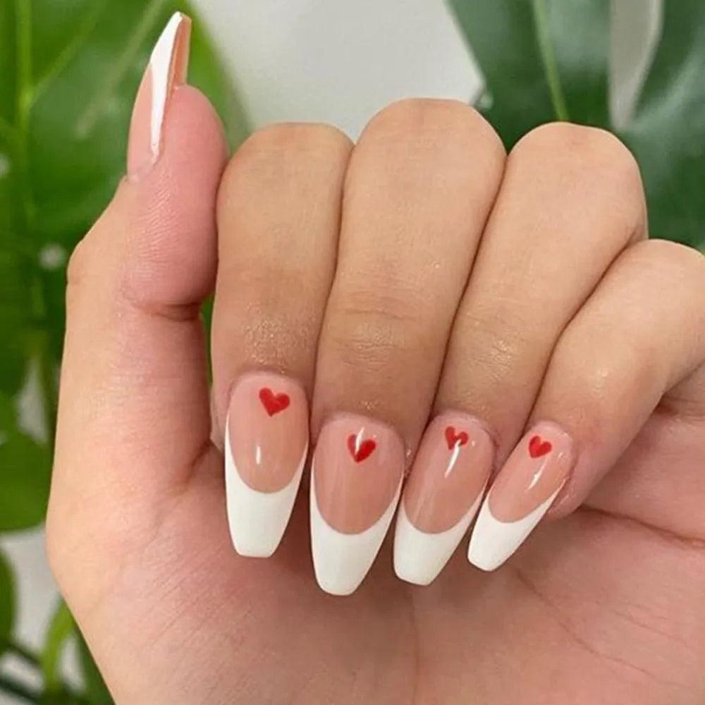 24Pcs Middle Length Ballerina Nude Pink Color False Nails Design With Heart Pattern DIY Artificial Fake Nails With Press Glue - ItemBear.com