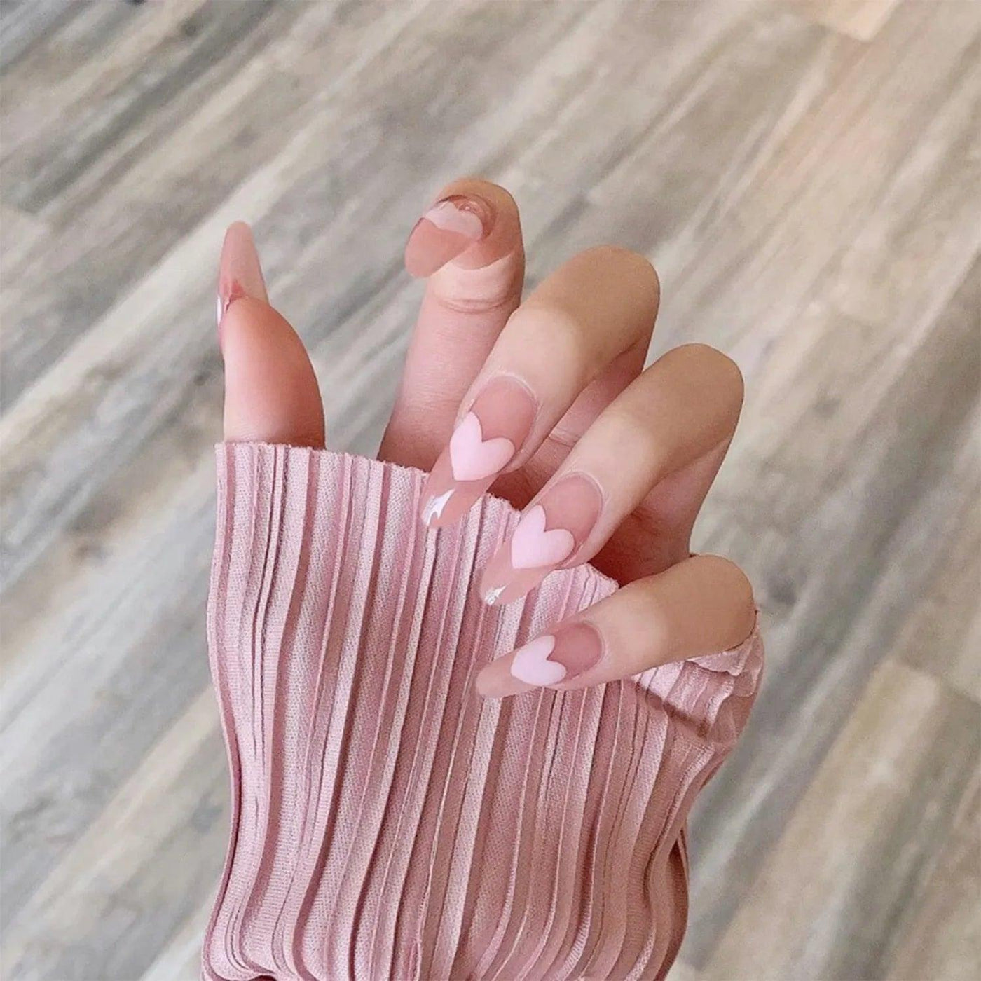 24Pcs Middle Length Ballerina Nude Pink Color False Nails Design With Heart Pattern DIY Artificial Fake Nails With Press Glue - ItemBear.com