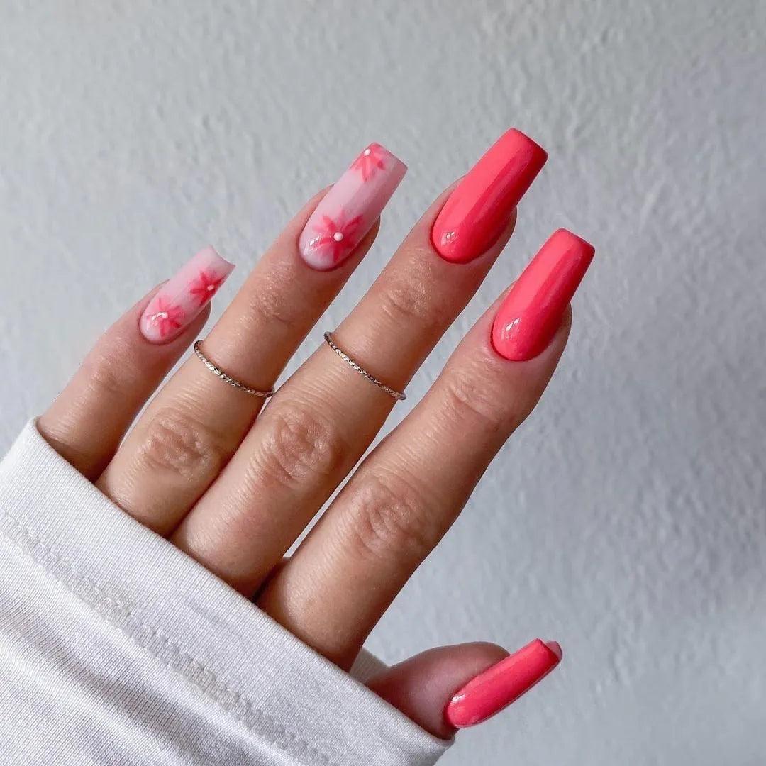 24Pcs Middle Length Ballerina Nude Pink Color False Nails Design With Heart Pattern DIY Artificial Fake Nails With Press Glue - ItemBear.com