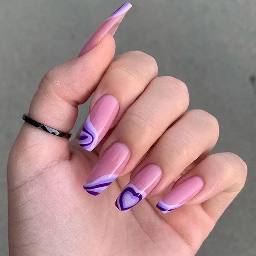24Pcs Middle Length Ballerina Nude Pink Color False Nails Design With Heart Pattern DIY Artificial Fake Nails With Press Glue - ItemBear.com