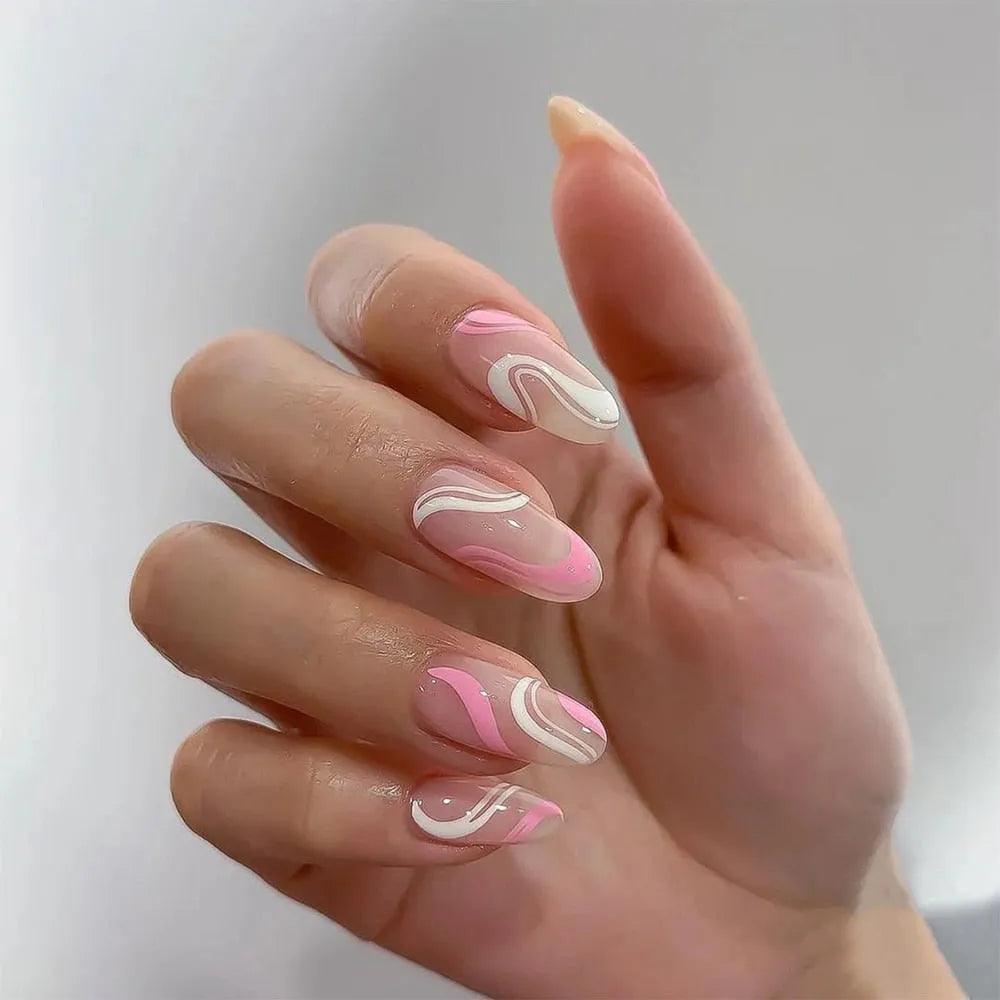 24Pcs Middle Length Ballerina Nude Pink Color False Nails Design With Heart Pattern DIY Artificial Fake Nails With Press Glue - ItemBear.com