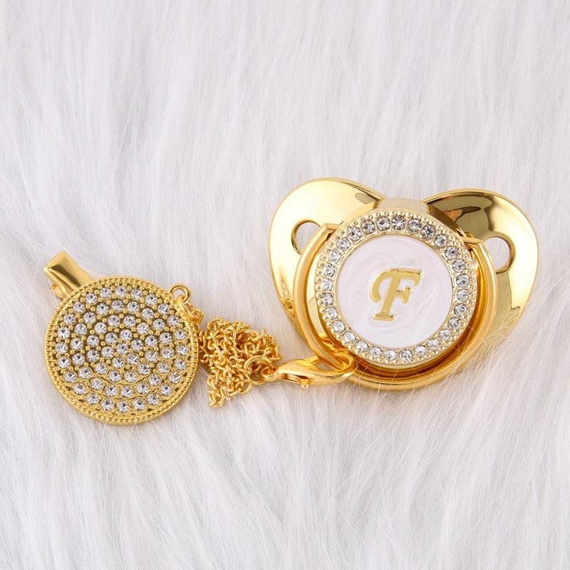 26 Name Initial Letter Baby Pacifier and Pacifier Clips BPA Free Silicone Infant Nipple Gold Bling Newborn Dummy Soother - ItemBear.com