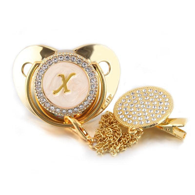 26 Name Initial Letter Baby Pacifier and Pacifier Clips BPA Free Silicone Infant Nipple Gold Bling Newborn Dummy Soother - ItemBear.com