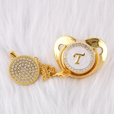 26 Name Initial Letter Baby Pacifier and Pacifier Clips BPA Free Silicone Infant Nipple Gold Bling Newborn Dummy Soother - ItemBear.com