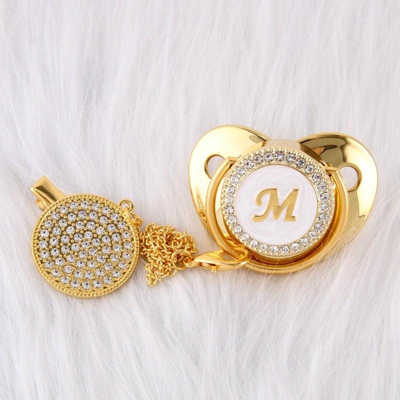 26 Name Initial Letter Baby Pacifier and Pacifier Clips BPA Free Silicone Infant Nipple Gold Bling Newborn Dummy Soother - ItemBear.com