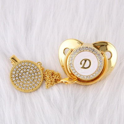 26 Name Initial Letter Baby Pacifier and Pacifier Clips BPA Free Silicone Infant Nipple Gold Bling Newborn Dummy Soother - ItemBear.com