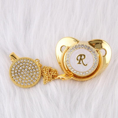 26 Name Initial Letter Baby Pacifier and Pacifier Clips BPA Free Silicone Infant Nipple Gold Bling Newborn Dummy Soother - ItemBear.com