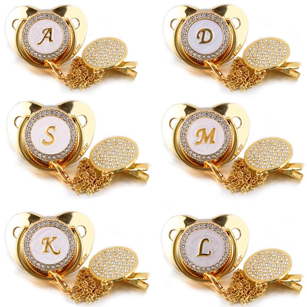 26 Name Initial Letter Baby Pacifier and Pacifier Clips BPA Free Silicone Infant Nipple Gold Bling Newborn Dummy Soother - ItemBear.com