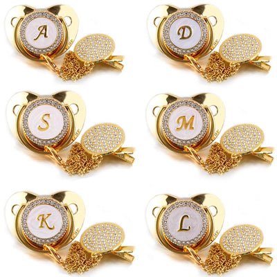26 Name Initial Letter Baby Pacifier and Pacifier Clips BPA Free Silicone Infant Nipple Gold Bling Newborn Dummy Soother - ItemBear.com