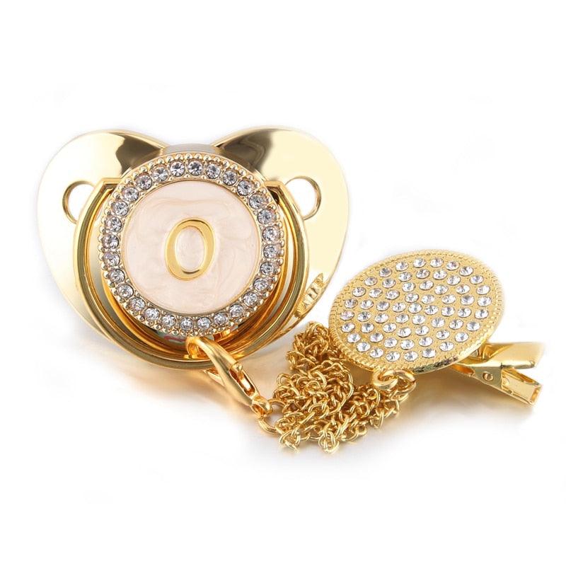 26 Name Initial Letter Baby Pacifier and Pacifier Clips BPA Free Silicone Infant Nipple Gold Bling Newborn Dummy Soother - ItemBear.com
