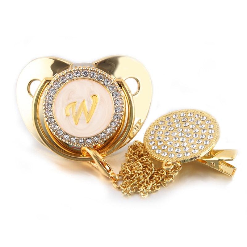26 Name Initial Letter Baby Pacifier and Pacifier Clips BPA Free Silicone Infant Nipple Gold Bling Newborn Dummy Soother - ItemBear.com